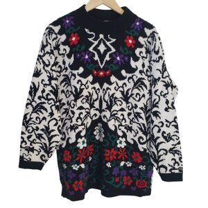 Vintage 80s Carriage Court Floral Knit Sweater Size M USA Bold Pattern Cozy Warm